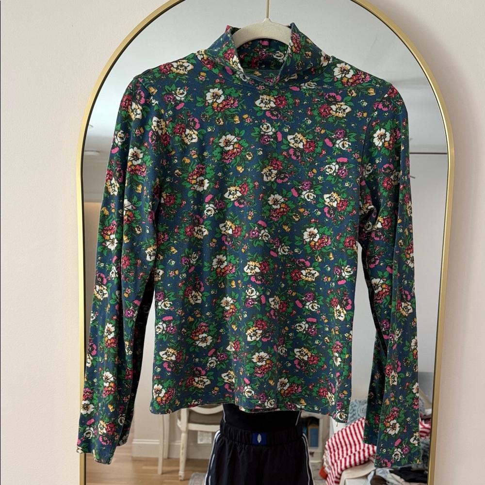 Maeve Anthropologie Floral Turtleneck Top in Teal with Multicolor Blooms